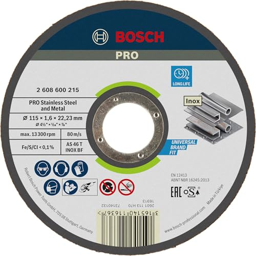 Bosch PRO and Metal Trennscheibe, 115 x 1,6 x 22,23 mm, gerade | für Stahl, Edelstahl, Ø 115 mm, Professional Zubehör Kleiner Winkelschleifer