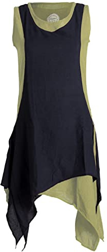 Vishes - Alternative Bekleidung - Ärmelloses Zipfeliges Lagenlook Kleid/Tunika aus handgewebter Baumwolle Olive-schwarz 40