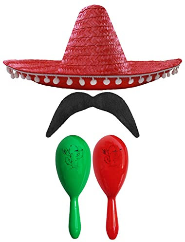 Ensemble d'accessoires mexicains pour adultes – Sombrero mexicain naturel, maracas verts et rouges, moustache – Cinco de Mayo Sensorita Bandit Mariachi Ensemble d'accessoires de déguisement