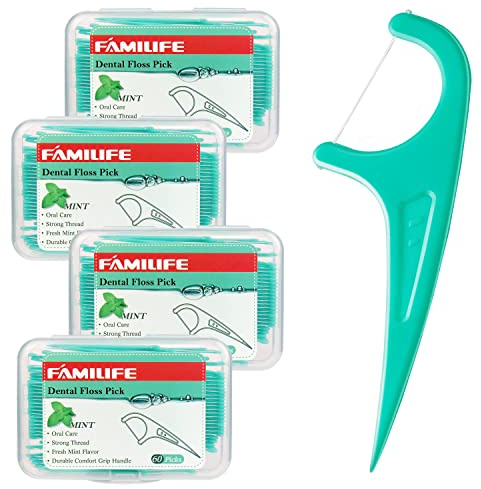 FAMILIFE Floss Picks, 240 Count Mint Dental Floss Picks with 4 Travel Cases