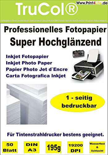 50 Blatt Fotopapier Photopapier DIN A3 195g/qm – einseitig Glossy (glaenzend) - sofort trocken - wasserfest - hochweiß - sehr hohe Farbbrillianz Fuer Inkjet Drucker (Tintenstrahldrucker) …