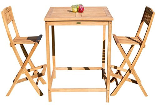 ALEOS. BAR-Set - Teak Bartisch Bistrotisch Stehtisch 80x80cm mit 2X Barhocker klappbar Holz BIMA-SET80+2KLAPP