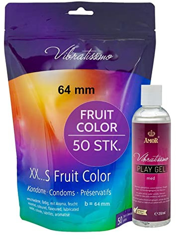 VIBRATISSIMO Kondome Fruit Color 50er Pack & Gleitgel Set I für Men I wiederverschließbarer Beutel & gefühlsecht I Bunte hauchzart I b=64 mm