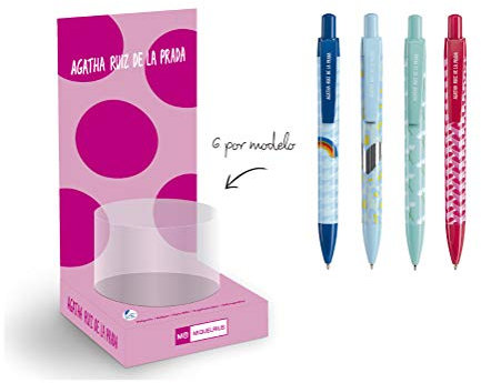 Agatha Ruiz de la Prada Miquelrius - Expositor 24 Bolígrafos, Punta Bolígrafo 1 mm, Tinta Azul, Recambio Universal, Diseño Olas, Lentejuelas, Tulipanes y Pilares
