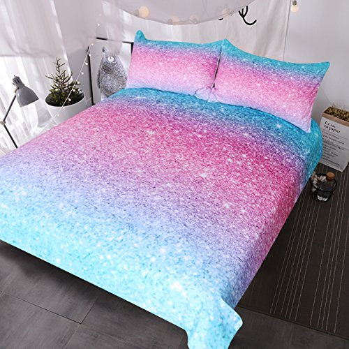 BlessLiving Kids Girls Colorful Glitter Bedding Duvet Covers Set Single: Cute Soft Zipper Pink and Purple Pastel Rainbow Bed 3 Piece Quilt Covers and Pillowcases Small Mildly Cosy Bedroom Decor