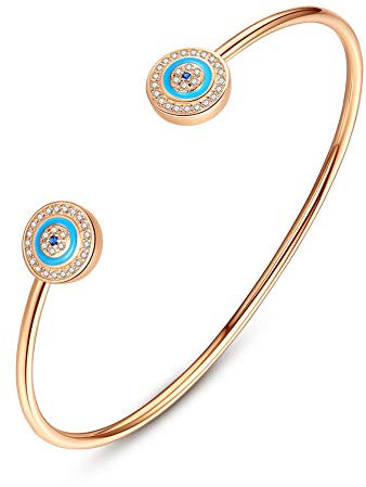 TONGZHE Blue Evil Eyes Open Cuff Bangle Bracelet Sterling Silver 925 in Rose Gold Cubic Zirconia Enameled for Women 7