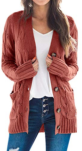 Goranbon Women's Cable Knit Cardigan Long Sleeve Open Front Button Down Knitwear Sweater Coat - Orange - X-Small