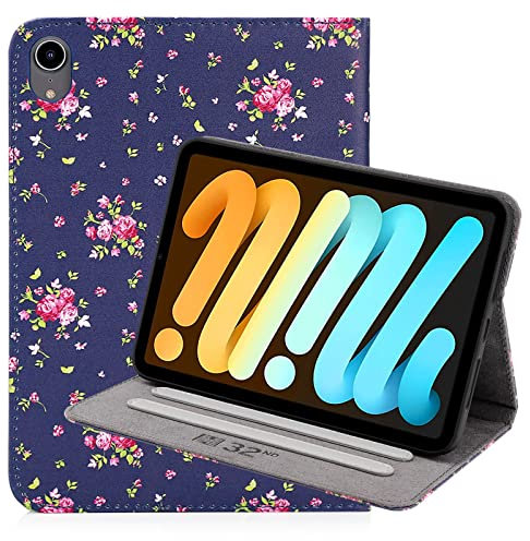 32nd Floral Series - Design PU Leather Book Folio Case Cover for Apple iPad Mini 6 (2021), Designer Flower Pattern Flip Case With Built In Stand - Vintage Rose Indigo