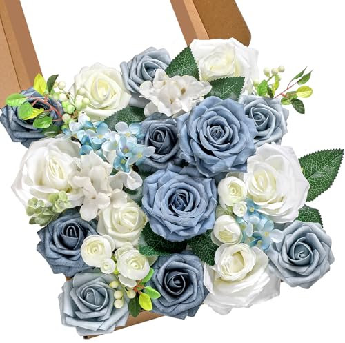 Serwalin Fiori artificiali per torta bouquet da sposa centrotavola per il giorno del Ringraziamento Peonia Rose Fiori di nozze Combo Fiori finti Boho per la (Blu&bianco)