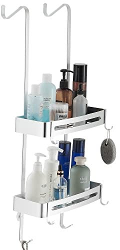 MOGFCT Duschregal zum hängen, Badezimmer-Duschablage, über der Tür hängende Duschablage, rostfreies Aluminium-Duschregal, Badezimmerregal mit Haken (doppelt Silber)