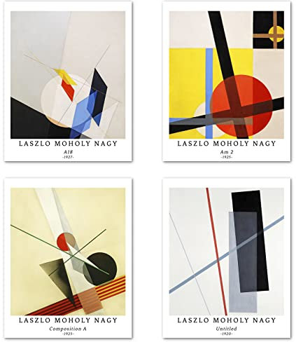 Berkin Arts Kunstdruck Ungerahmt Abstrakt Geometrische Bilder Set von 4, Poster Größe: 28x35 cm Premium Kunstpapier Wanddeko Hochwertigem Plakat Passenden Jugendzimmer Deko Laszlo Moholy Nagy Poster