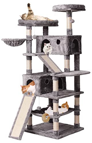 JISSBON Cat Tree Tower 178cm, Multi-Level Cat Scratching Post with Condos, Ladders, Basket, Hammock & Plush Perches for Kittens, Large Cats, Light Grey