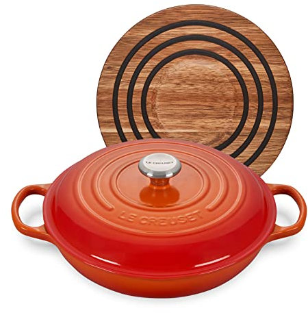 Le Creuset 3 1/2 qt. Signature Cast Iron Braiser Bundle with Magnetic Wooden Trivet - Flame
