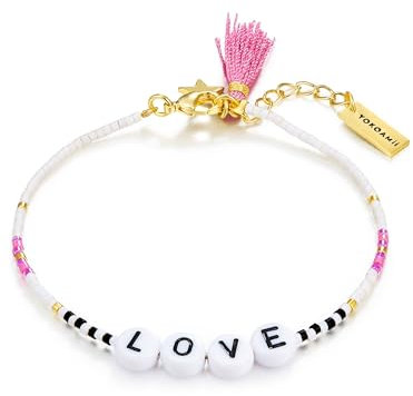 Yokoamii Damen Armband Edelstahl gelbvergoldet 14 Karat Miyuki Perlen weiß schwarz rosa Love Perlenarmband