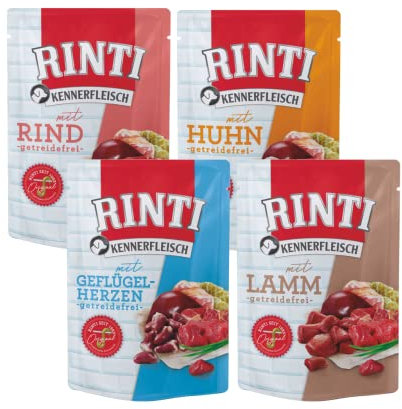 Rinti-Kennerfleisch 20 x 400g Mixpaket | 4 garantierte Sorten | getreidefreies Nassfutter mit 70% Fleisch & Innereien | ohne Soja | Hundefutter