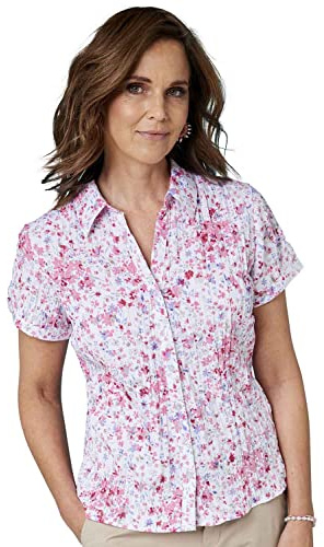 Chums Ladies Crinkle Burnout Print Blouse, Lightweight Short Sleeve Button-Through Top with Embroidered Detail Pink 16