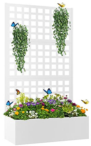 Elevens Metal Planter Box with Trellis & Privacy Screen, Outdoor Raised Garden Bed for Climbing Plants, Drainage Hole (71x35x16, White)