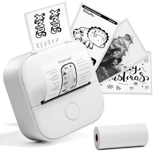 Mini Printer T02,Mini Sticker Drucker, Handy Minidrucker Bluetooth Kompatibel Mit Iphone Und Android,Ideal zum Ordnen Ihres Wohnraums und zum Aufzeichnen von Daten zur gesunden Ernährung,1 Rolle,Weiß