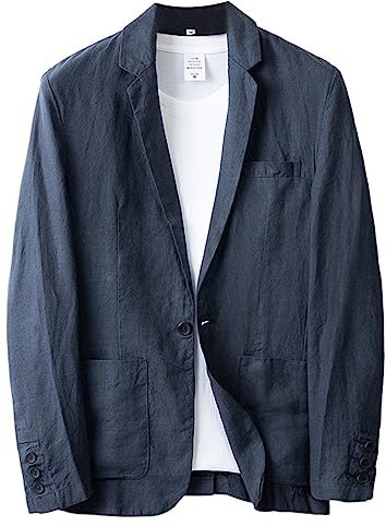 GIBZ Blazer Uomo Casual Lino Tempo Libero Leggera Giacca Giacche da Abito Primavera Estate Revers a Righe con Un Bottone Blu XXL