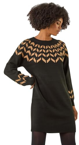 Roman Thick Jumper Dress for Women UK Ladies Fairisle Aztec Knitted Knit Sweater Knitwear Autumn Winter Holiday Round Neck Long Sleeve Soft Knee Length Sweat Warm - Camel - Size 18
