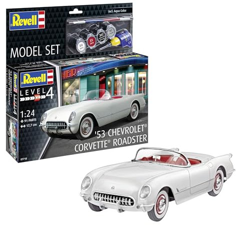 Revell Model Set 67718 '53 Chevrolet® Corvette® Roadster 1:24 Scale Unbuilt/Unpainted Plastic Model Kit with Contacta Professional Glue, Paintbrush & Selected Aqua Color Paints