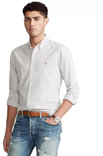 POLO RALPH LAUREN Mens Classic Long Sleeve Oxford Shirt, Smoke Grey Checkered, XXL