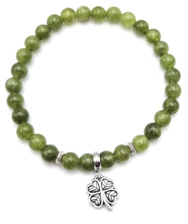 Bracelet Porte Chance en Pierres Naturelles Jade émeraude Qualité AAA avec Pendentif Trèfle à quarte feuilles en acier inoxydable argenté | Perles rondes 6 mm | Création Artisanale Française