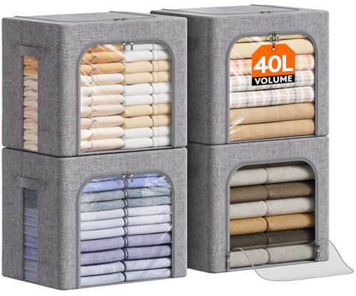 Lifewit 40L Aufbewahrungsbox mit Deckel, Kleidung Aufbewahrung, Faltbare Kleideraufbewahrung mit Metallrahmen, Stoffbox mit Griffen & Fenster, Aufbewahrung Kleiderschrank, 4er Set, Hellgrau