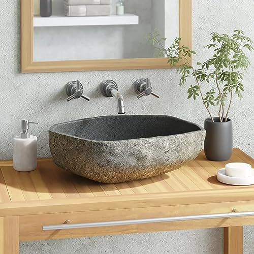 Gecheer Lavabo en Pierre de Rivière Ovale 45-53 cm, Lavabo de Comptoir Vasque à Poser, Évier de Salle de Bain pour Toilette et WC d'invités