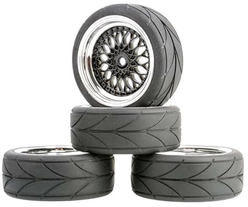 KEEDA RC Auto 64mm Gummireifen & 52mm/2,05 Zoll Kunststoff Felgen Räder für 1/10 RC On Road Touring Racing Drift Car (Einpresstiefe 6mm, Schwarz & Silber)