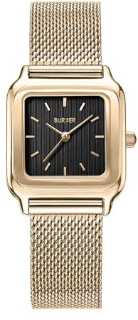 BURKER Damenuhr Macy, Quadratische Damen Armbanduhr Milanaise-Armband Edelstahl Analog Quarz 3-ATM Wasserdicht Geschenk für Frau, Freundin, Mama - 26 mm - Gold Schwarz
