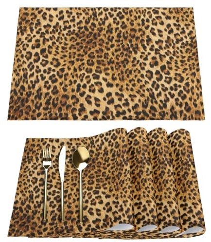 Tiger Leopard Skin Print Placemats Fabric Table Mats Set of 4 Leopard Placemat for Kitchen Dining Table Home Washable Non-Slip Heat Place Mat