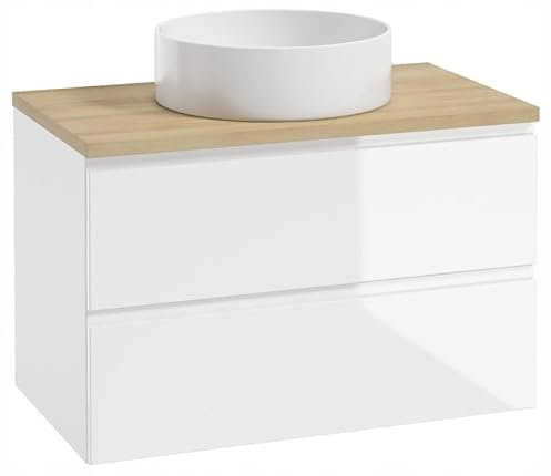 .Deftrans Domodomo Badezimmerschrank mit waschbecken, 100 x 50 x 46 cm weißer Hängeschrank mit rundem waschtisch, Badschrank mit Schubladen