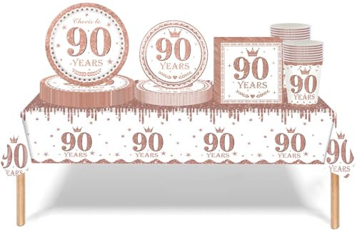 Rose Gold 90th Birthday Decorations - 69pc Set for Her, Includes Tablecloth, Plates, Napkins, Cups