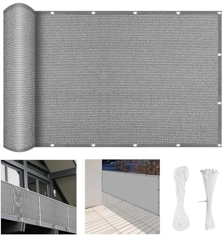 Balkon Sichtschutz mit Ösen 600 x 60 cm Windschutz Und Sonnenschutz, Zaunblende für Balkon Und Terrasse, mit Kabelbinder Und Kordel, für Balkon Zaun Garten, Hellgrau