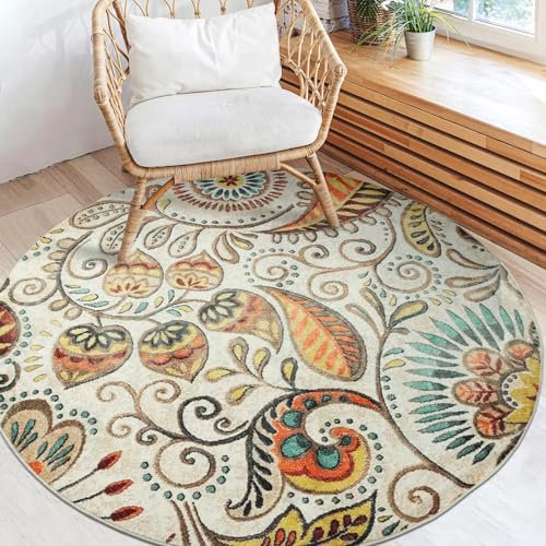 Round Area Rug 4Ft Washable Bathroom Non-Slip Large Circle Rugs for Bedroom Throw Soft Cute Plant Print Carpet for Entryway Sofa Living Room 406-10120