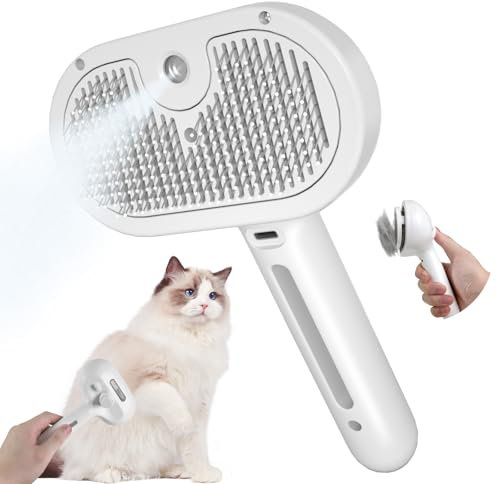 Pettidot Katzenbürste mit Dampf Hundebürste, Dampfbürste Katze und Hund Katzenhaarbürste Katzenkamm Langhaar, Tierhaarbürste, Weiß