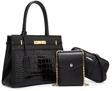 NICOLE & DORIS Elegante Handtasche Damen Kroko Handtaschen 3er Set Shopper Schultertasche PU Leder Umhängetasche Handytasche Tote Tasche für Büro Schule Einkauf Schwarz