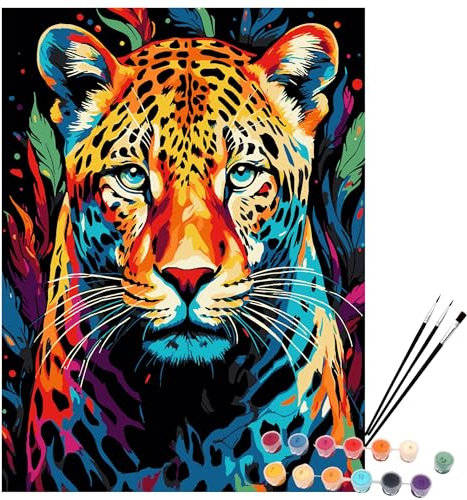 EXERZ Kit de peinture par numéros, toile 30 x 40 cm avec pigment acrylique, pinceaux et accessoires (léopard)