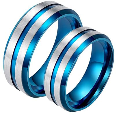 Wycian Verlobungsring Damen, Herren Ringe Edelstahl Set 2 Stück Titan Silber Blau Gebürsteter Ring 8mm Bandring Damen 57 (18.1) Herren 62 (19.7) für Paare