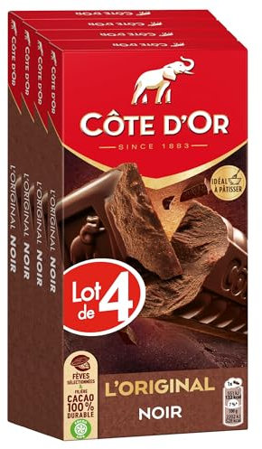 CÔTE D'OR - 4 Tablettes de Chocolat Noir Côte d'Or L'Original 200g - Chocolat Noir - Lot de Tablettes de Chocolat Noir - Idéal à Pâtisser - Lot de 4x200g