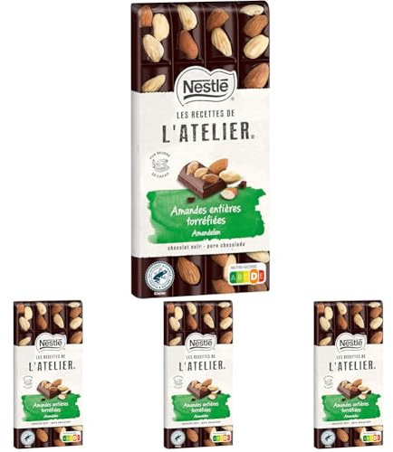 Nestlé Les Recettes de L'Atelier - Tablette Chocolat Noir Amandes entières torréfiées - 170g (Lot de 4)