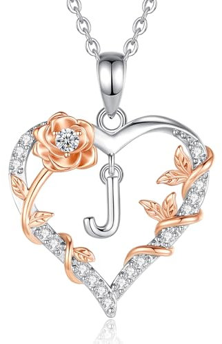 EUDORA Harmony Ball Rose Heart Initial J Necklace for Women Letter J Alphabet Initial Necklaces Copper Rhodium Plated Pendant with Cubic Zirconia, Initials Jewelry Gifts for Women Wife 18