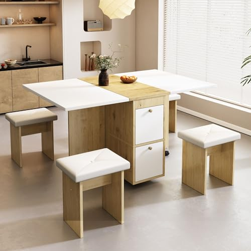 SUKY Juego de mesa de comedor, (con mesa de comedor, 4 sillas), plegable, 120 x 80 x 75 cm, extensible, multifuncional extensible, sillas de comedor (Blanco + Roble)