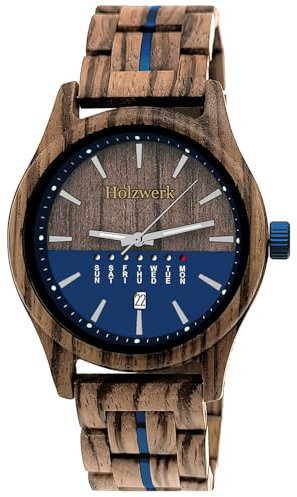 Holzwerk Germany Handgefertigte Herren-Uhr Öko Natur Holz-Uhr Holz Armband-Uhr Braun Blau Buche Gold Schwarz Silber Zebra Bunt Muster Analog Quarz-Uhr Datum und Wochentag Anzeige (Blau.Braun)