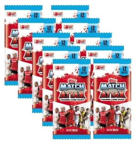 Bundle mit Topps Match Attax Bundesliga 2024/25 Booster Packs (10 Stück) Fussball Trading Cards und BB-Toy-Trades Toploader
