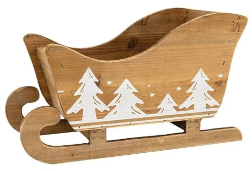 AUBRY GASPARD - Luge en Pin - Décor Blanc Motif Sapin - Dimensions 36 x 16 x 16 cm - Poids 0.75 kg - Finition Artisanale - Idéale comme Jardinière, Corbeille ou Décoration de Noël Festive