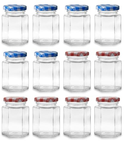 Hniuyun 12 Pack Hexagonal Glass Jam Jars, 100ml 3.3 fl.oz Glass Jar with Lid for Sealing, Clear Canning Jars for Food Storage, Spices, Honey, DIY Projects (Red & Blue)