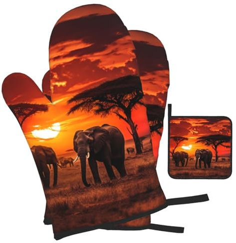 Mexpekil Oven Mitts And Pot Holders Set of 3 Africa Wildlife Elephants Sunset Heat Resistant Non-Slip 1 Pair Oven Gloves,1 Pot Holder Pad for Baking Grilling Bbq Cooking Mitts