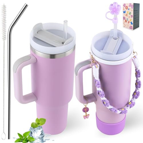 40 oz Tumbler Insulated Mug w/Straw & Flip Cap Lids - Cup Holder Bottle mit 6 Accessoires Set für heiße, kalte Getränke - Auslaufsicher - Wasser, Kaffee Portable Travel Mug (Lupine Violett)